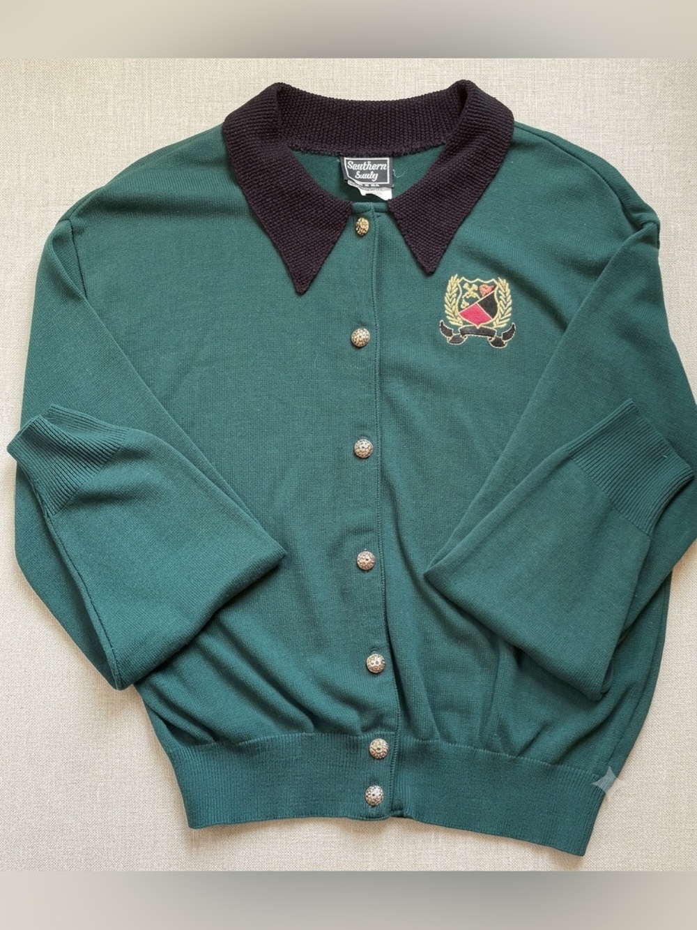 ⁠Vtg Southern Lady Green Gold Button Cardigan XL USA